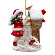 Load image into Gallery viewer, (Pre-Order) Quaint Little Winter Girl Feeding the Birds Glass Christmas Ornament, Cardinal Birdhouse Tree Decor

