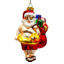 Carregar imagem no visualizador da galeria, Santa on Summer Vacation in the Pool Quirky Glass Christmas Ornament, Rubber Duckey Tropical Holiday Decor
