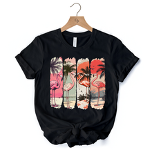 Load image into Gallery viewer, Summer Flamingo Beach T-Shirt, Retro Vacation Black Tropical Sunset Tee
