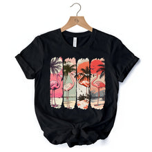 Carregar imagem no visualizador da galeria, Summer Flamingo Beach T-Shirt, Retro Vacation Black Tropical Sunset Tee
