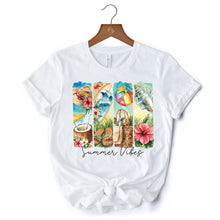 Carregar imagem no visualizador da galeria, Summer Vibes T-Shirt, White and Natural Beach Tee with Coconut and Flowers
