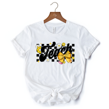 Load image into Gallery viewer, Teach Checkered Coquette Bow T-Shirt, White and Natural Retro Tee for Trendy Teachers
