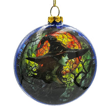 Load image into Gallery viewer, Witch and Black Cat Stained Glass Handblown Ornament, Spooky Halloween and Christmas Tree Decor
