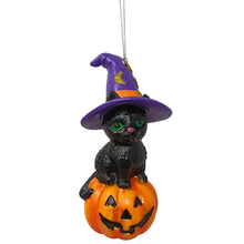 Carregar imagem no visualizador da galeria, Black Cat on Pumpkin Spooky Glass Christmas Ornament, Witch Hat Halloween Theme
