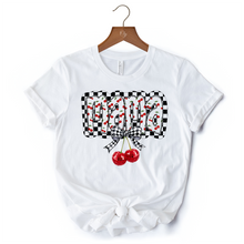Load image into Gallery viewer, Checkered Cherry Disco Mama T-Shirt, White and Natural Coquette Bow Tee for Trendy Mothers
