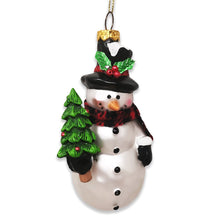 Load image into Gallery viewer, Comfy Snowman and Radiant Christmas Tree Blown Glass Holiday Ornament

