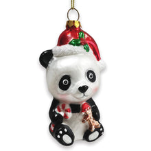 Load image into Gallery viewer, Cute Panda with Santa Hat and Gift Blown Glass Christmas Ornament
