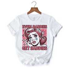 Carregar imagem no visualizador da galeria, Even Baddies Get Saddies T-Shirt, Retro Crying Girl Pop Art White Tee for Stylish and Emotional Women
