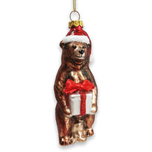 Load image into Gallery viewer, Grizzly Bear with Santa Hat and Gift Glass Christmas Ornament
