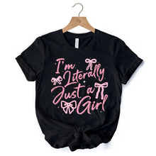 Carregar imagem no visualizador da galeria, I&#39;m Literally Just a Girl T-Shirt, Trendy White and Black Coquette Bow Tee for Girly Aesthetics
