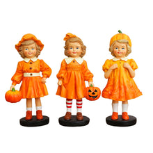 Load image into Gallery viewer, Inviting Pumpkin Girl Trio Set of Figurines, 6&quot; Victorian Autumn Fall and Halloween Table Decoration
