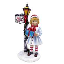 Load image into Gallery viewer, Victorian Style Christmas Girl and Street Lamp Tabletop Figurine, 8&quot; Vintage Holiday Statue of a Gift Carrying Belle
