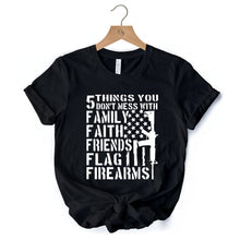 Load image into Gallery viewer, 5 Things You Don’t Mess With Dad T-Shirt, Black and White Patriotic Father Tee with Bold Statement
