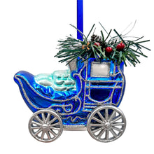 Carregar imagem no visualizador da galeria, A Marvelous Blue Christmas Set of Four Glass Ornaments with Santa, Truck, Snow Cabin and Sleigh
