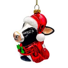 Load image into Gallery viewer, Festive Cow in Wreath Blown Glass Christmas Ornament, Farmhouse Theme Tree Decoration
