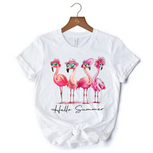 Carregar imagem no visualizador da galeria, Flamingo Hello Summer T-Shirt, White and Natural Retro Tee with Tropical Birds
