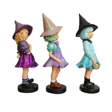 Load image into Gallery viewer, Mystical Victorian Witch Sisters Set of Three Figurines, Enchanted 6&quot; Statues for a Bewitching Halloween Tabletop Display
