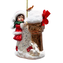 Load image into Gallery viewer, (Pre-Order) Quaint Little Winter Girl Feeding the Birds Glass Christmas Ornament, Cardinal Birdhouse Tree Decor
