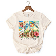 Carregar imagem no visualizador da galeria, Summer Vibes T-Shirt, White and Natural Beach Tee with Coconut and Flowers
