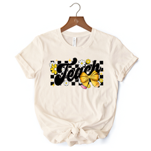 Load image into Gallery viewer, Teach Checkered Coquette Bow T-Shirt, White and Natural Retro Tee for Trendy Teachers
