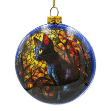 Load image into Gallery viewer, Witch and Black Cat Stained Glass Handblown Ornament, Spooky Halloween and Christmas Tree Decor

