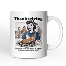 Load image into Gallery viewer, Thanksgiving Family Dysfunction Retro Personalized Mug, Funny Sarcastic Humor Gift with Custom Name
