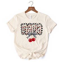 Load image into Gallery viewer, Checkered Cherry Disco Mama T-Shirt, White and Natural Coquette Bow Tee for Trendy Mothers
