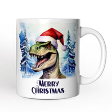 Load image into Gallery viewer, Dinosaur with Santa Hat Personalized Mug, Winter Forest Christmas Gift With Custom Name and Date
