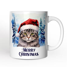 Carregar imagem no visualizador da galeria, Tabby Cat with Santa Hat Personalized Mug, Winter Forest Christmas Gift With Custom Name and Date
