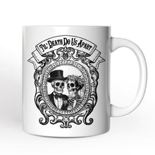 Load image into Gallery viewer, Vintage Skeleton Lovers Til' Death Do us Apart, Personalized Mug, Classic Antique Halloween Gift for Couples
