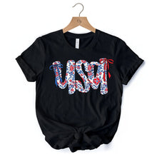 Carregar imagem no visualizador da galeria, Floral USA Patriotic T-Shirt, 4th of July White, Natural and Black Tee for Stylish Women
