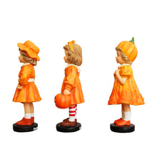Load image into Gallery viewer, Inviting Pumpkin Girl Trio Set of Figurines, 6&quot; Victorian Autumn Fall and Halloween Table Decoration
