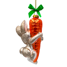 Load image into Gallery viewer, (Pre-Order) Playful Bunny Hanging on Carrot Glass Ornament, Christmas Gift for Kids
