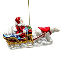 Carregar imagem no visualizador da galeria, Polar Bear Santa Sleigh Glass Christmas Ornament, Exquisite Handblown Tree Decor

