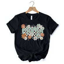 Carregar imagem no visualizador da galeria, Floral Mama Checkered T-Shirt, White, Natural and Black Retro Tee for Stylish Mothers
