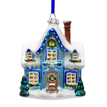 Carregar imagem no visualizador da galeria, A Marvelous Blue Christmas Set of Four Glass Ornaments with Santa, Truck, Snow Cabin and Sleigh
