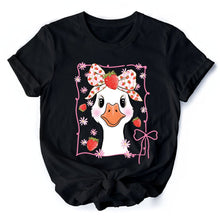 Carregar imagem no visualizador da galeria, Coquette Goose with Strawberry Bow T-Shirt, Navy, Black and White Cute Tee
