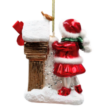 Load image into Gallery viewer, (Pre-Order) Quaint Little Winter Girl Feeding the Birds Glass Christmas Ornament, Cardinal Birdhouse Tree Decor

