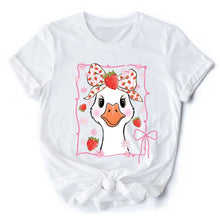 Carregar imagem no visualizador da galeria, Coquette Goose with Strawberry Bow T-Shirt, Navy, Black and White Cute Tee
