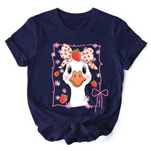 Carregar imagem no visualizador da galeria, Coquette Goose with Strawberry Bow T-Shirt, Navy, Black and White Cute Tee
