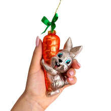 Carregar imagem no visualizador da galeria, (Pre-Order) Playful Bunny Hanging on Carrot Glass Ornament, Christmas Gift for Kids
