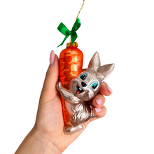 Load image into Gallery viewer, (Pre-Order) Playful Bunny Hanging on Carrot Glass Ornament, Christmas Gift for Kids
