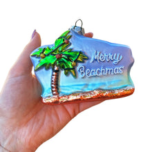 Carregar imagem no visualizador da galeria, Merry Beachmas Christmas Palm Tree Glass Ornament, Xmas in July Tropical Decor
