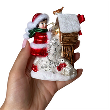 Load image into Gallery viewer, (Pre-Order) Quaint Little Winter Girl Feeding the Birds Glass Christmas Ornament, Cardinal Birdhouse Tree Decor
