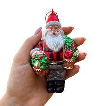 Carregar imagem no visualizador da galeria, Wholesome Santa the Vegetable Farmer Glass Christmas Ornament, Farm Style Holding Potatoes, Lettuce, and Tomatoes
