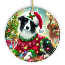 Carregar imagem no visualizador da galeria, Playful Border Collie with Santa Hat Ornament, Festive Canine Christmas Decor
