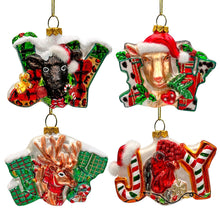 Cargar imagen en el visor de la galería, Farm Filled with Joy Set of 4 Glass Christmas Ornaments, Goat, Chicken, Calf and Deer Tree Decorations
