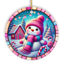 Load image into Gallery viewer, Snowman Candyland Pink Themed Ornament, Gift for Cozy Christmas Winter Wonderland
