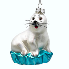 Load image into Gallery viewer, White Seal on a Glacier Glass Christmas Ornament, Pinnipeds and Sea Lion Themed Decor
