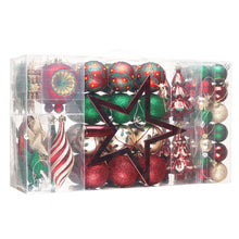 Load image into Gallery viewer, Alluring Large Christmas Ornament Set, Unique Red Green and Gold Baubles, 92 Charms and Snow Covered Trees with Dark Red Tree Topper
